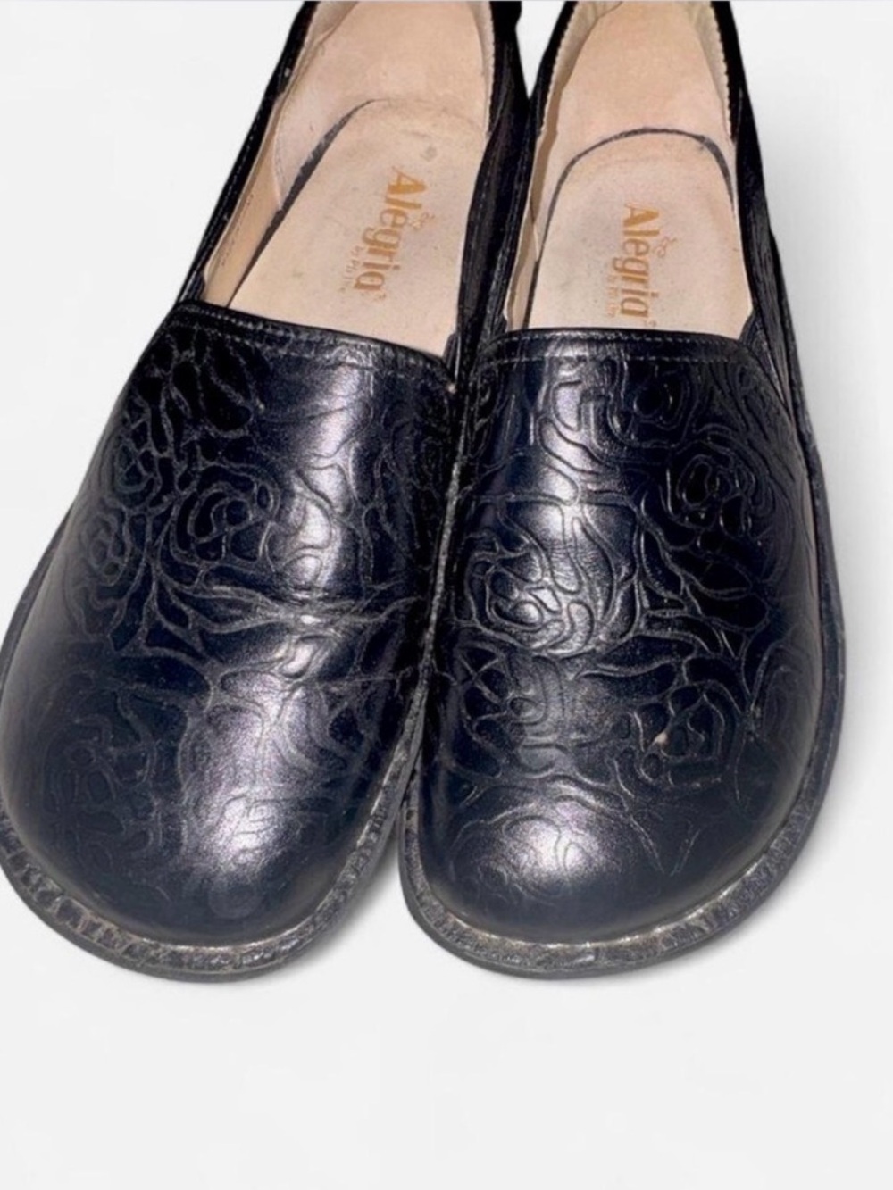 Alegria Debra Black Embossed Rose Comfort Clogs Patent Leather EU39 US8.5-9 APMA